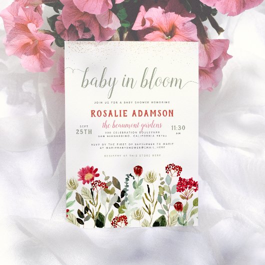 Baby in Bloom | Modern Floral Greenery Baby shower Kaart