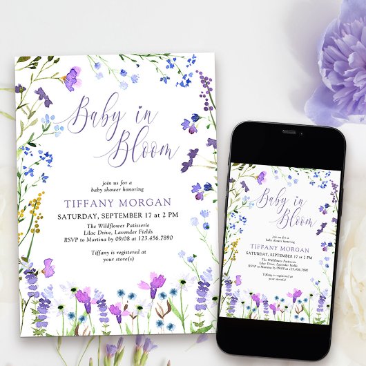 Baby in Bloom Paars Baby shower van wilde bloem Kaart