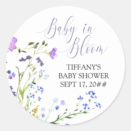 Baby in Bloom Paars Baby shower van wilde bloem Ronde Sticker (Voorkant)