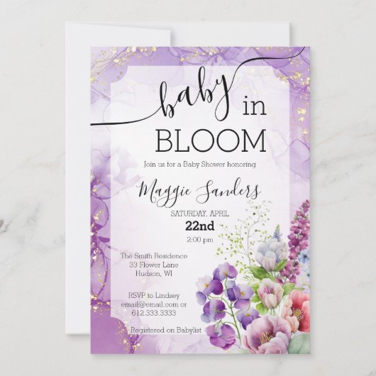 Baby in Bloom Paars Floral Baby shower Invitation Kaart (Voorkant)