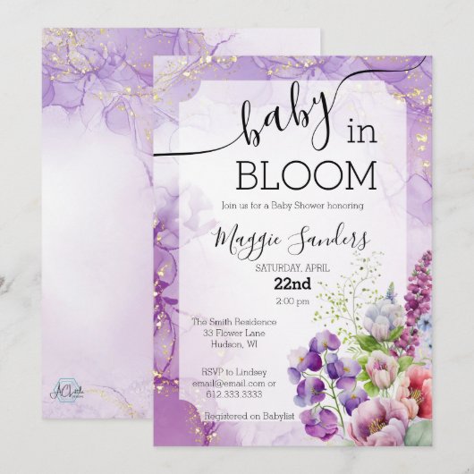 Baby in Bloom Paars Floral Baby shower Invitation Kaart (Voorkant / Achterkant)