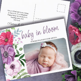Baby in Bloom Paars Pink Flowers Foto Birth Aankondigingskaart