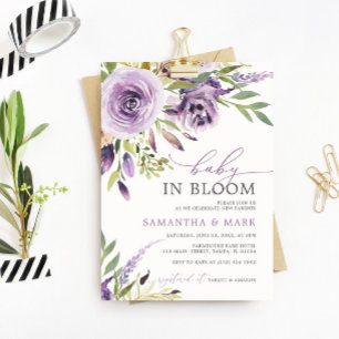 Baby in Bloom Paars Roos Floral Baby shower Kaart