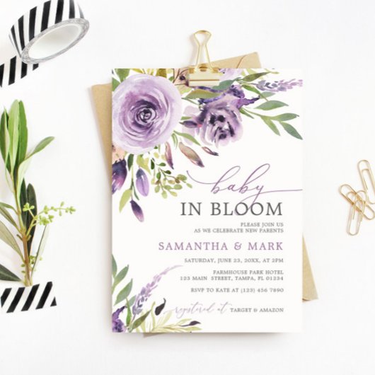 Baby in Bloom Paars Roos Floral Baby shower Kaart