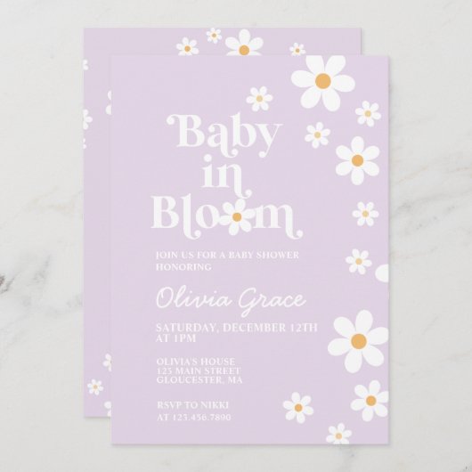 Baby in Bloom paarse Daisy Baby shower Invitation Kaart (Voorkant / Achterkant)