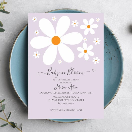 Baby in Bloom Paarse Daisy Baby shower uitnodiging