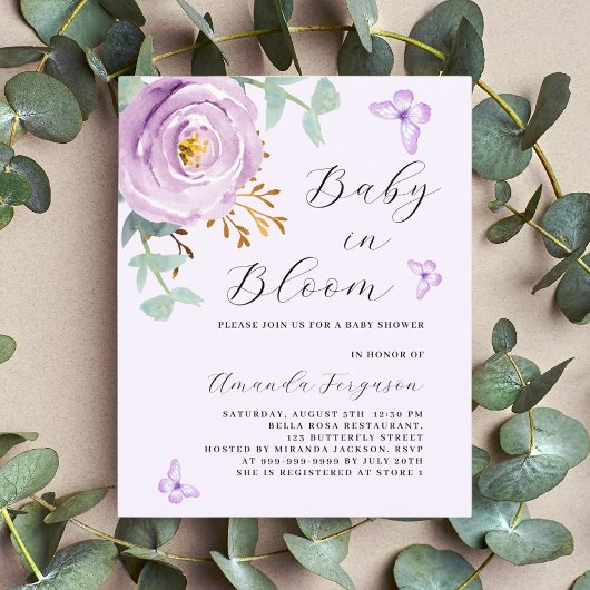 Baby in Bloom paarse rozen vlinder Baby shower