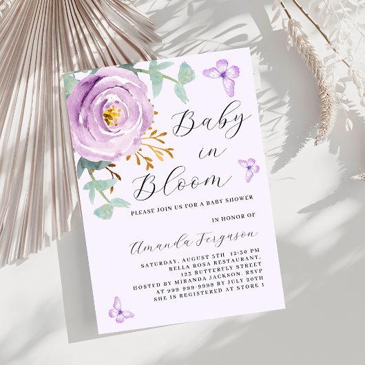 Baby in Bloom paarse rozen vlinder Baby shower Kaart