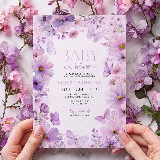 Baby in Bloom Paarse Vlinder Baby shower Kaart