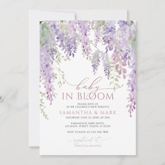 Baby in Bloom Paarse Wisteria Baby shower Kaart (Voorkant)