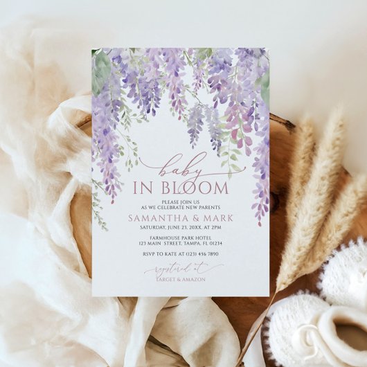 Baby in Bloom Paarse Wisteria Baby shower Kaart