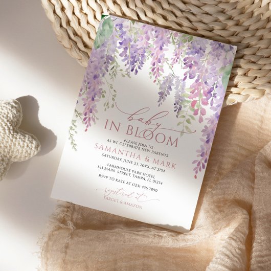 Baby in Bloom Paarse Wisteria Baby shower Kaart