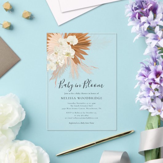 Baby in Bloom Pampas Grass Boho Bloemendouche Acryl Uitnodigingen (Insitu (Huwelijk))