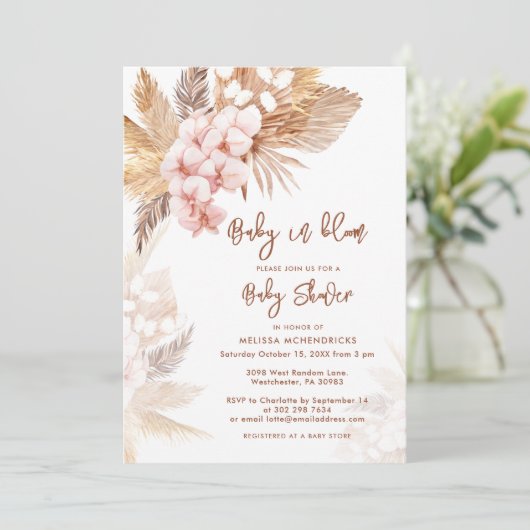 Baby in Bloom Pampas Grass Boho Meisje Baby shower Kaart (Staand voorkant)