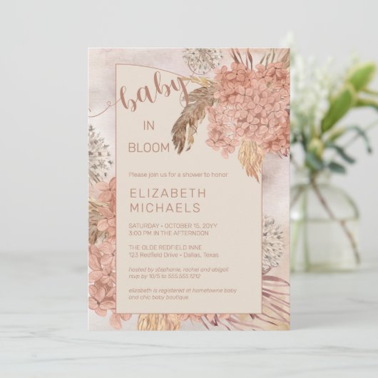Baby in Bloom Pampas Grass en Hydrangeas Shower Kaart (Staand voorkant)