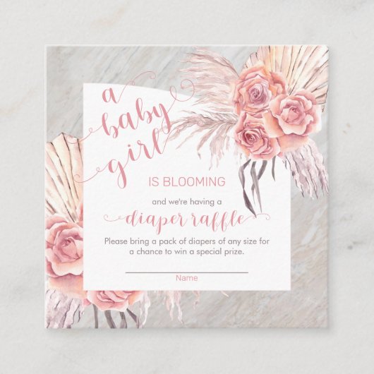 Baby in Bloom Pampas Grass Roze Roos Luier Raffle Informatiekaartje (Voorkant)