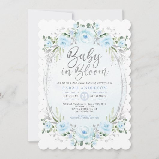 Baby in Bloom Pastel Blue Silver Floral Boy Shower Kaart (Voorkant)