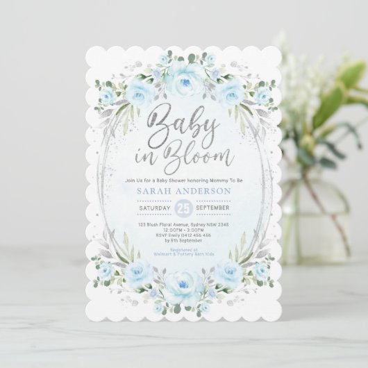 Baby in Bloom Pastel Blue Silver Floral Boy Shower Kaart (Staand voorkant)