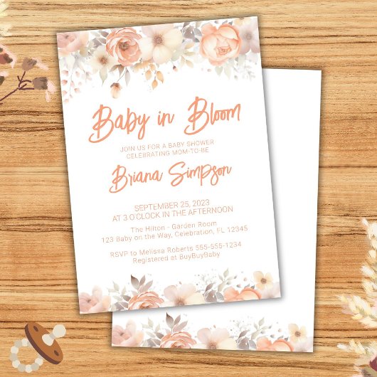 Baby in Bloom Peach Floral Baby shower Kaart