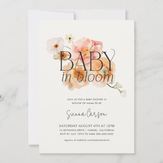 Baby in Bloom Peachy Baby shower Uitnodiging (Voorkant)
