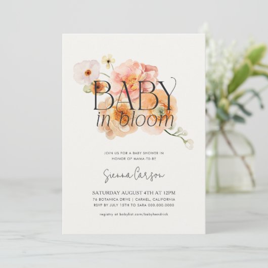 Baby in Bloom Peachy Baby shower Uitnodiging (Staand voorkant)