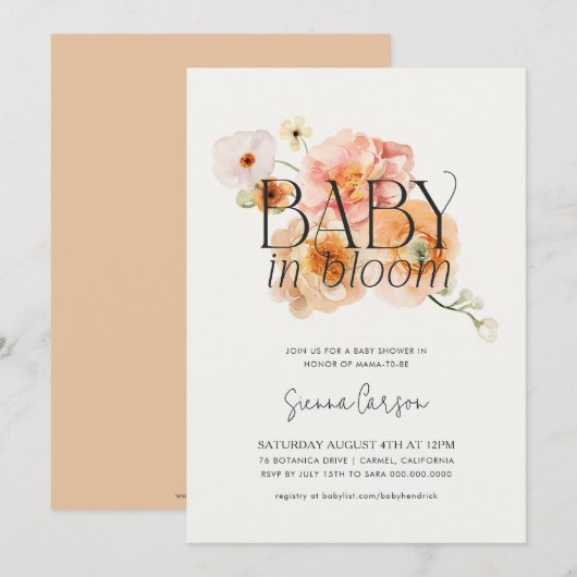 Baby in Bloom Peachy Baby shower Uitnodiging (Voorkant / Achterkant)
