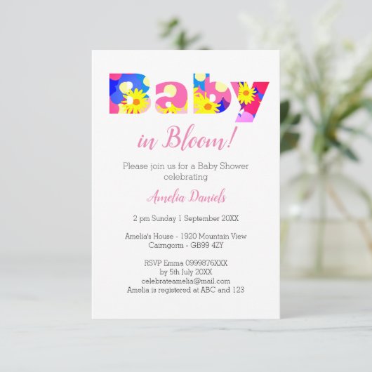 Baby in Bloom Pink Baby shower Invitation Aankondiging (Staand voorkant)