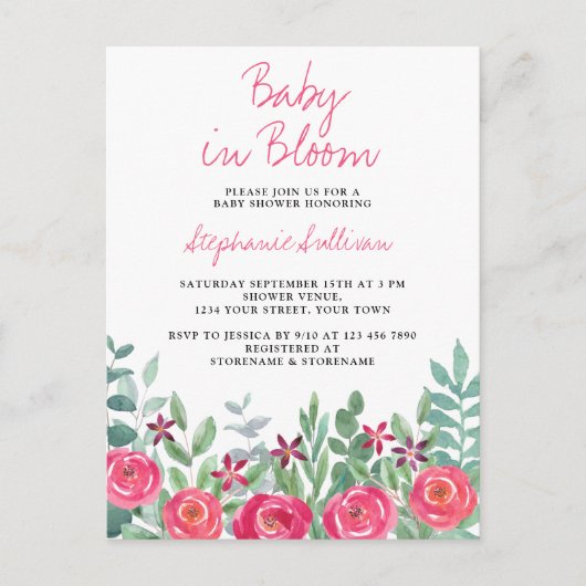 Baby in Bloom Pink Baby shower Invitation Briefkaa Uitnodiging Briefkaart (Voorkant)