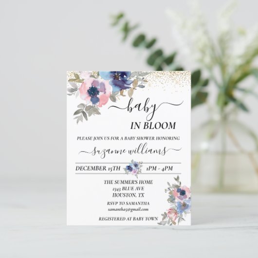 Baby in Bloom Pink Blue Handwrite Gold Confetti (Staand voorkant)