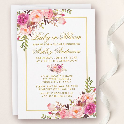 Baby in Bloom Pink Blush Floral Gold Shower Kaart