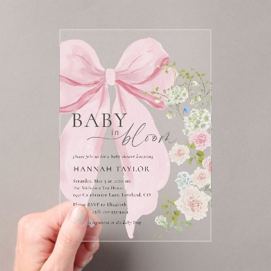 Baby in Bloom Pink Bow Baby shower Acryl Uitnodigingen (Insitu (Draagbaar))