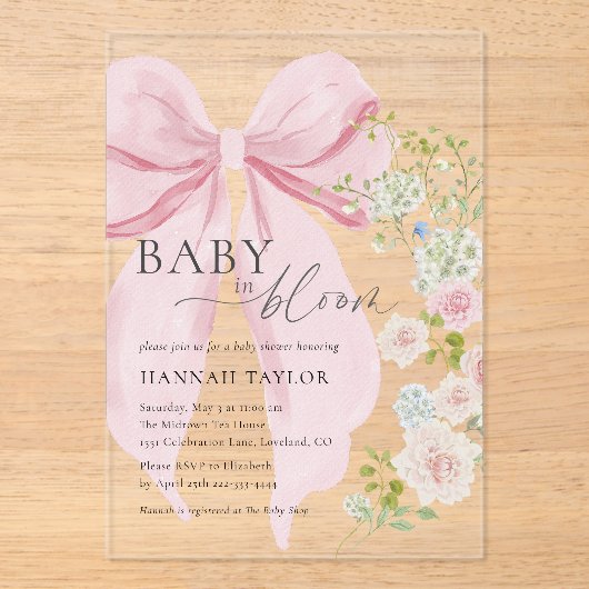 Baby in Bloom Pink Bow Baby shower Acryl Uitnodigingen