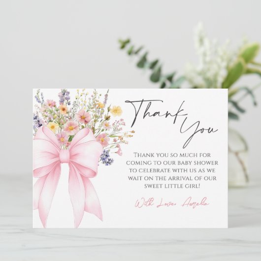 Baby in Bloom Pink Bow Baby shower Dank u kaart (Staand voorkant)