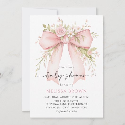 Baby In Bloom Pink Bow Baby Shower Invitation Kaart (Voorkant)