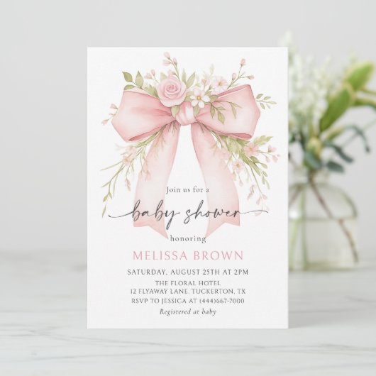 Baby In Bloom Pink Bow Baby Shower Invitation Kaart (Staand voorkant)
