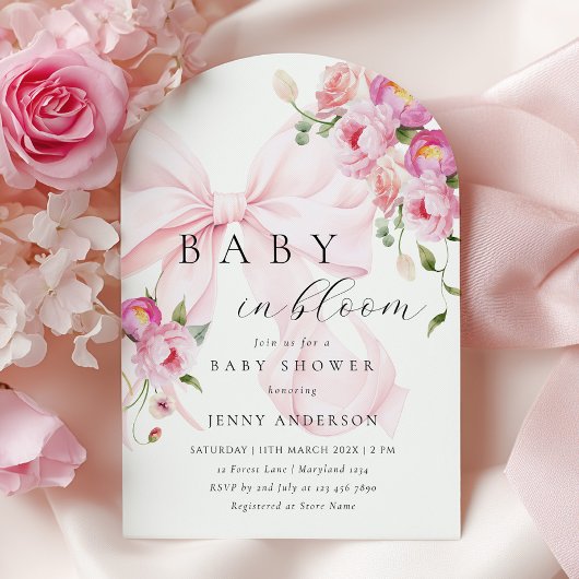 Baby In Bloom Pink Bow Baby Shower Invitation Kaart