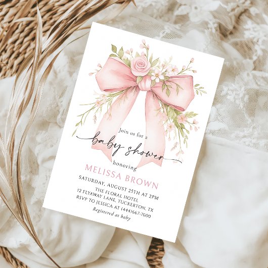 Baby In Bloom Pink Bow Baby Shower Invitation Kaart