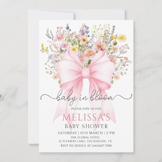 Baby in Bloom Pink Bow Baby shower Uitnodiging (Voorkant)