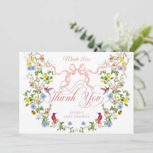 Baby in Bloom Pink Bow Bloemen Meisje Baby shower Bedankkaart (Staand voorkant)