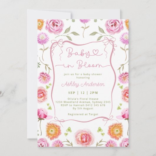 Baby in Bloom Pink Bow Floral Baby shower Kaart (Voorkant)