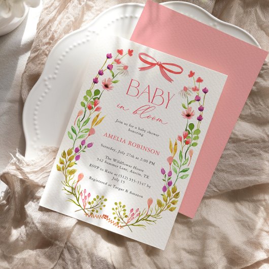 Baby in Bloom Pink Bow Floral Garden Baby Shower Kaart