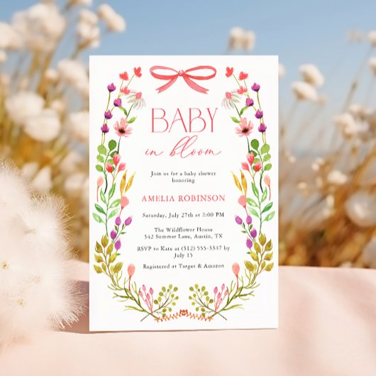 Baby in Bloom Pink Bow Floral Garden Baby Shower Kaart