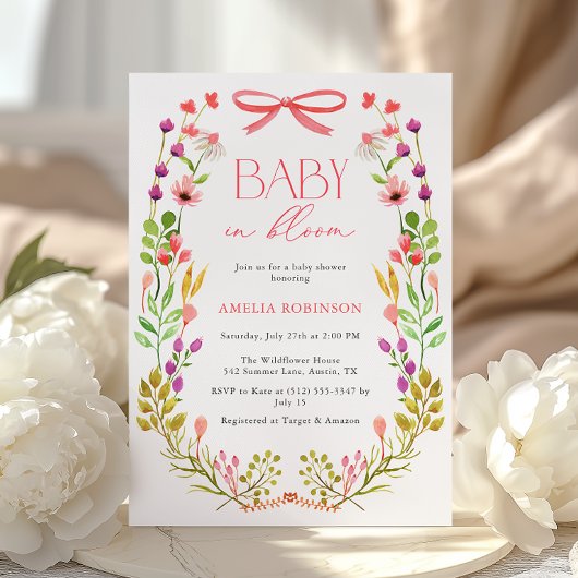 Baby in Bloom Pink Bow Floral Garden Baby Shower Kaart