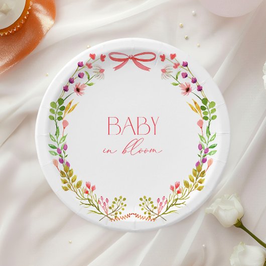 Baby in Bloom Pink Bow Floral Garden Baby Shower Papieren Bordje