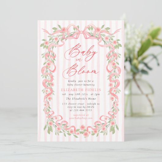 Baby in Bloom Pink Bow Floral Roses Baby Shower Kaart (Staand voorkant)