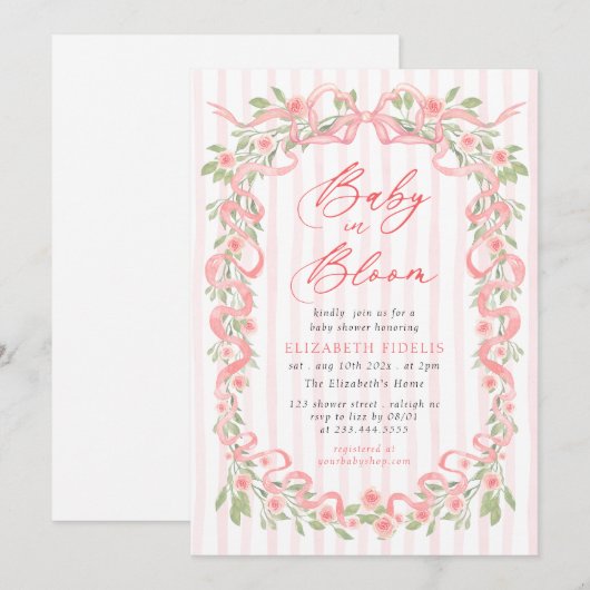 Baby in Bloom Pink Bow Floral Roses Baby Shower Kaart (Voorkant / Achterkant)