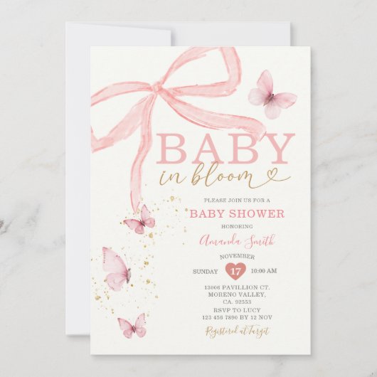 Baby in Bloom Pink Bow Girl Baby shower Kaart (Voorkant)