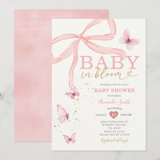 Baby in Bloom Pink Bow Girl Baby shower Kaart (Voorkant / Achterkant)
