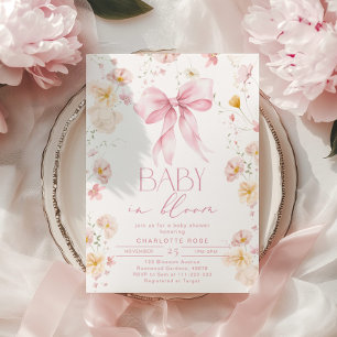 Baby in Bloom Pink Bow Wildflower Baby shower Kaart