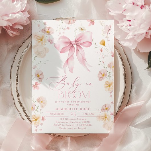 Baby in Bloom Pink Bow Wildflower Baby shower Kaart